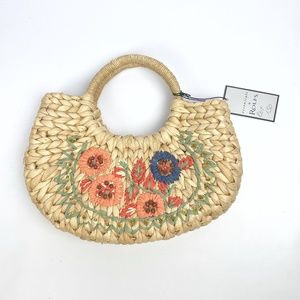 NOS Rolfs Woven Corn Husk Beaded Floral Design Lined Women's Purse Handbag    b